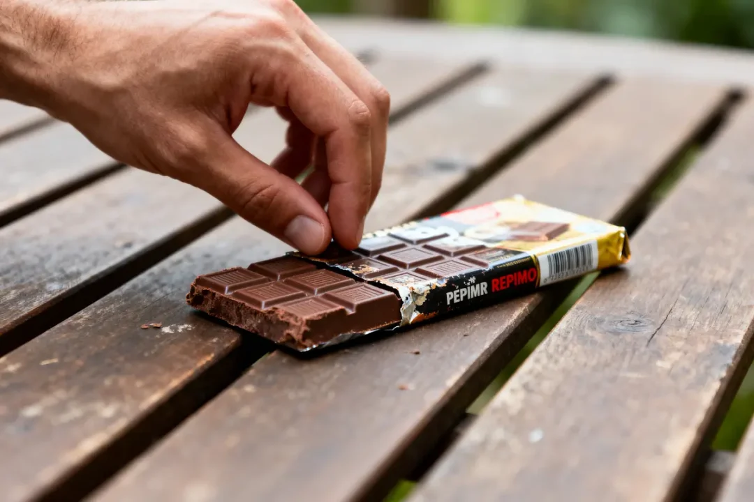 Main prenant un morceau de chocolat d'une tablette ouverte posée sur une table en bois.