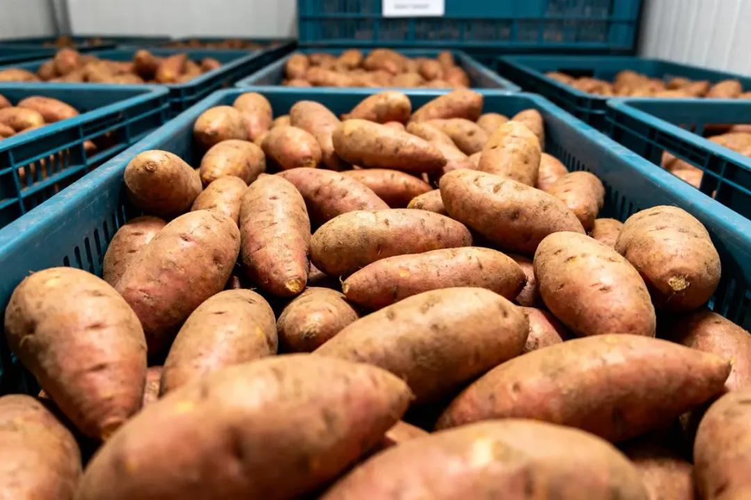 Patates douces brunes entreposées dans des caisses bleues en plastique, dans un environnement de stockage.