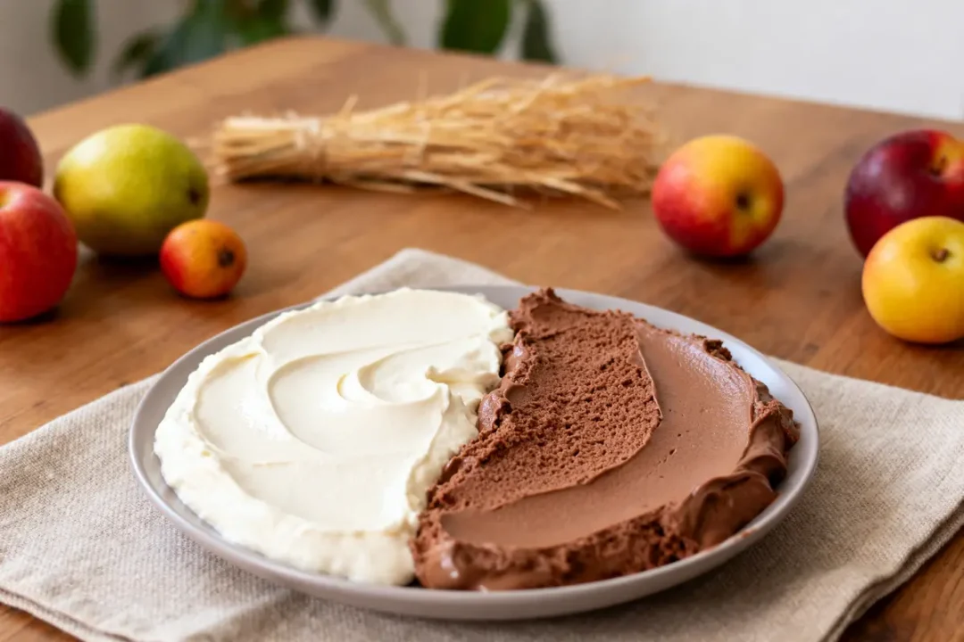 Assiette avec mousse chocolat et vanille, fruits variés autour, sur une table en bois, ambiance rustique.