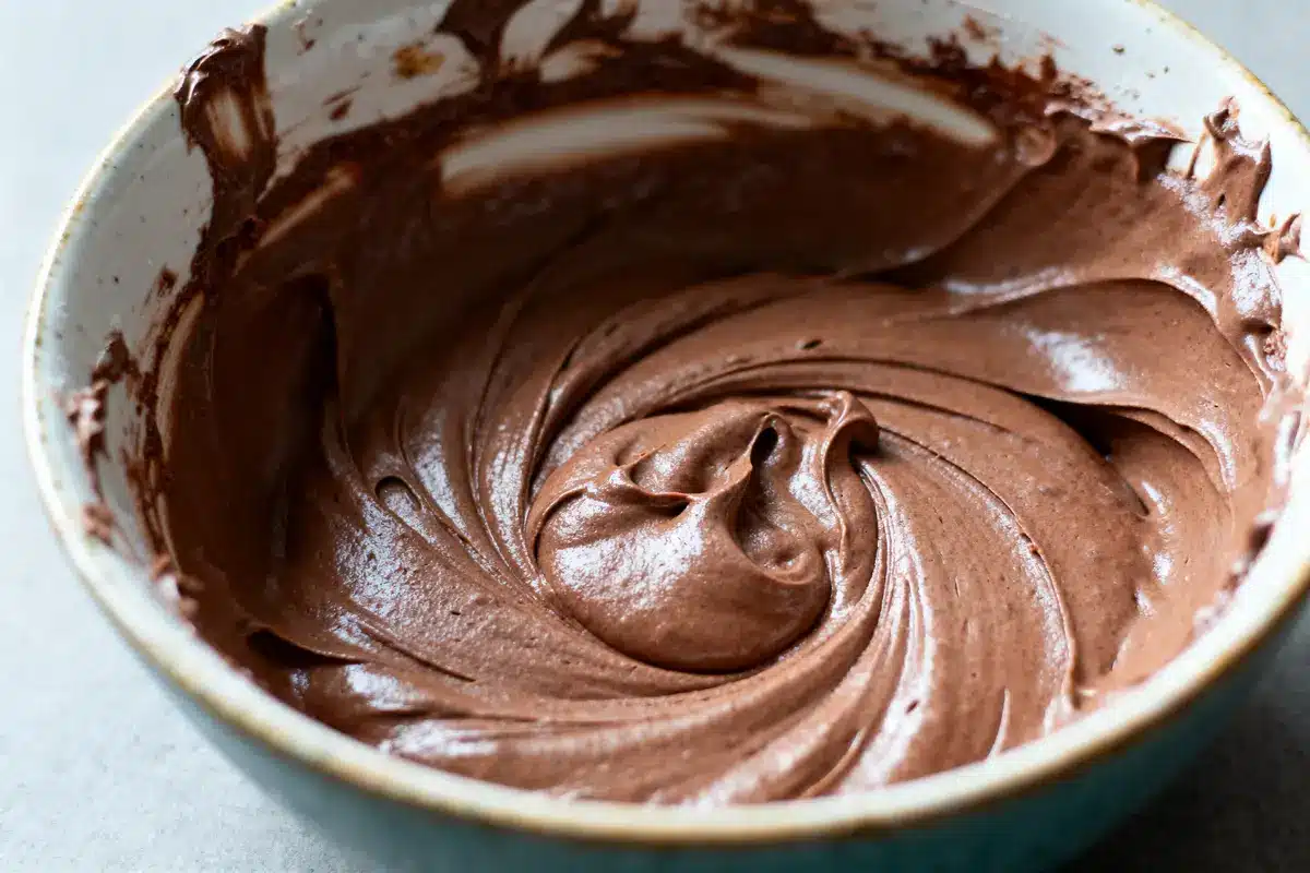 Bol rempli de pâte au chocolat crémeuse et lisse, prêt pour cuisson.