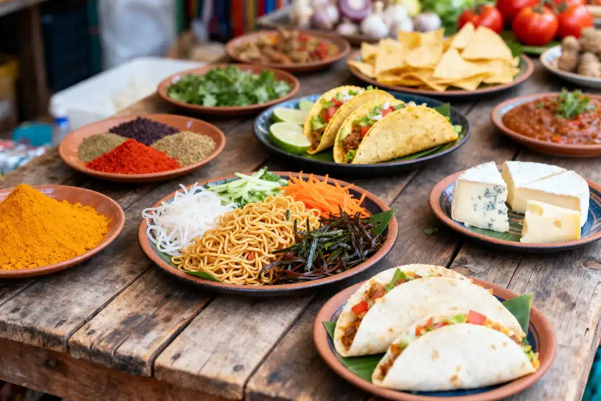 Assortiment de plats multicolores sur table en bois : tacos, épices, fromage, nouilles et légumes.