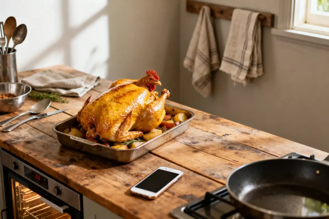 Poulet rôti avec légumes sur table en bois, téléphone et poêle à proximité. Cuisine ensoleillée.