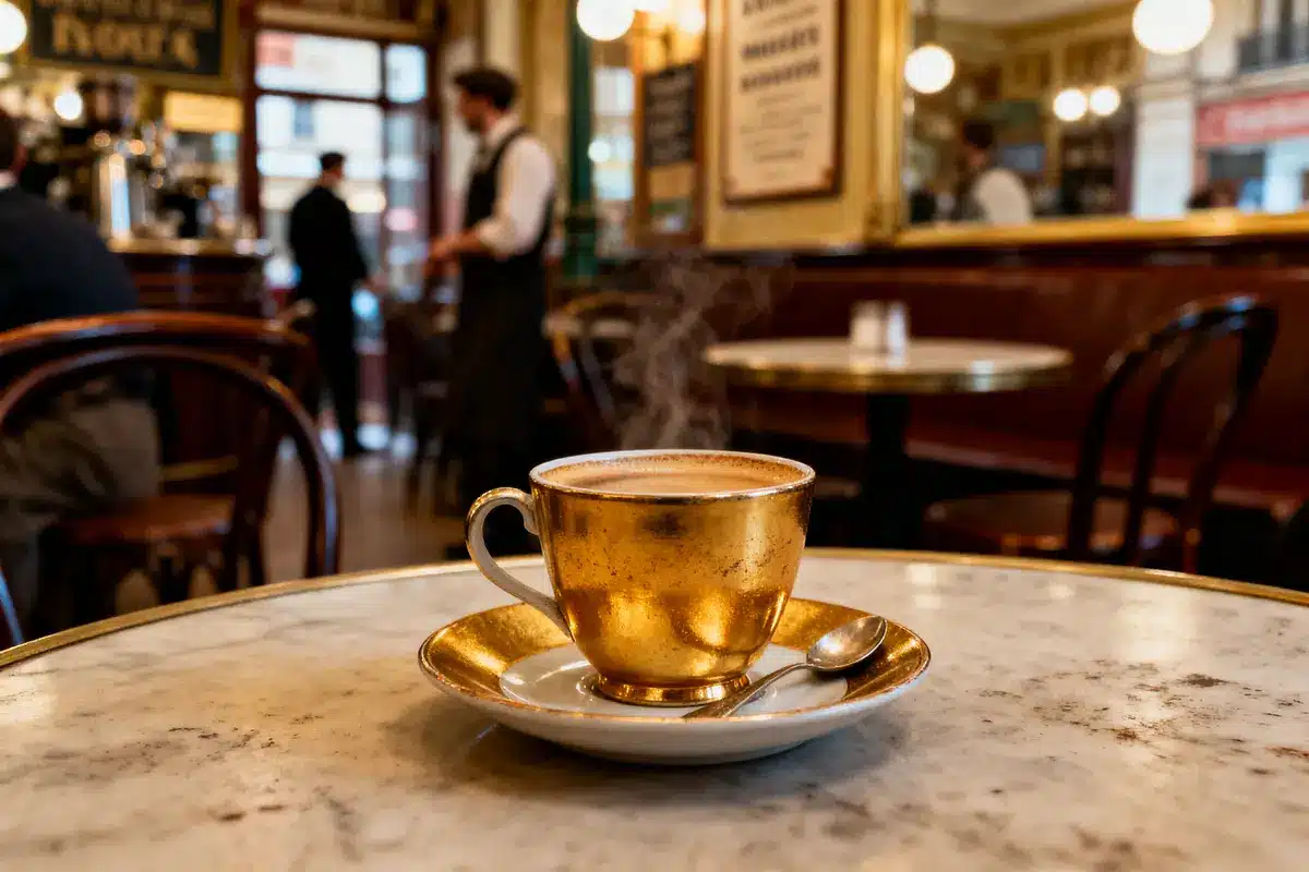 Tasse dorée fumante sur table de café parisien, arrière-plan flou, ambiance chaleureuse et élégante.