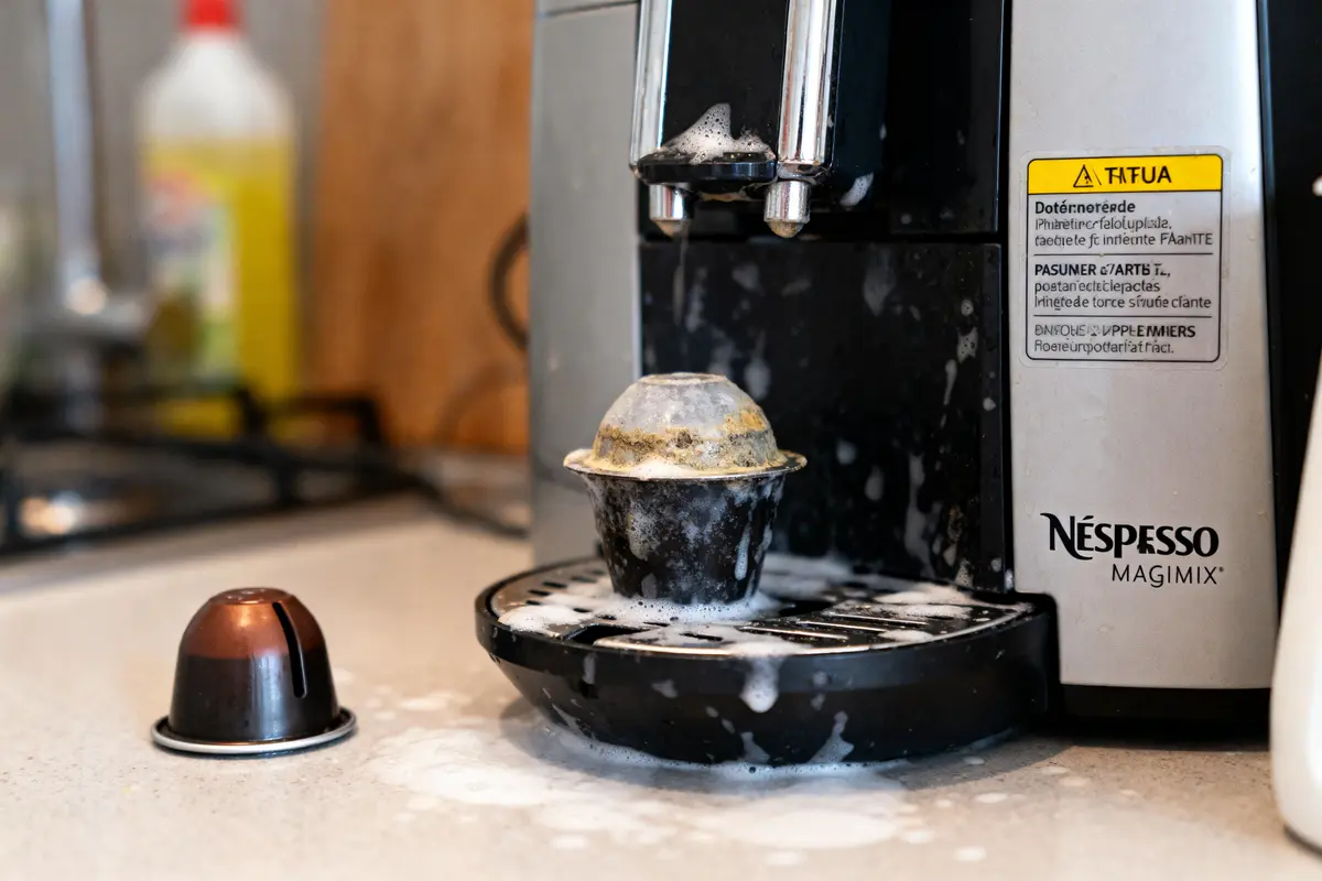 Machine à café Nespresso avec capsule encrassée et mousse débordante sur le plateau d'égouttement.