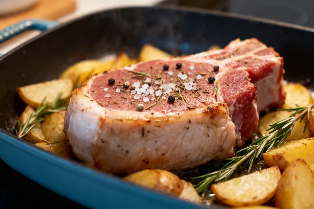Côte de porc épicée cuite avec pommes de terre et romarin dans une poêle.
