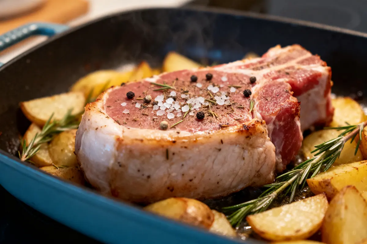 Côte de porc épicée cuite avec pommes de terre et romarin dans une poêle.