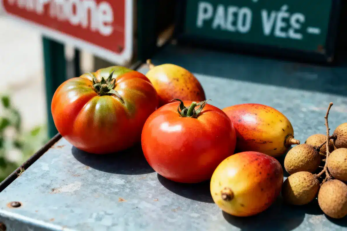 Tomates, mangues, et longanes sur table en métal, avec arrière-plan flou et marques de couleurs vives.