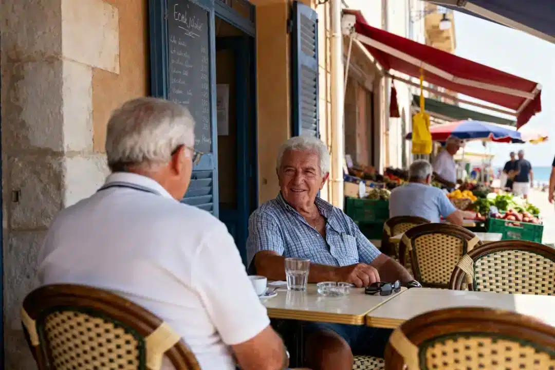 Deux hommes âgés discutent à une terrasse de café, marché coloré en arrière-plan.