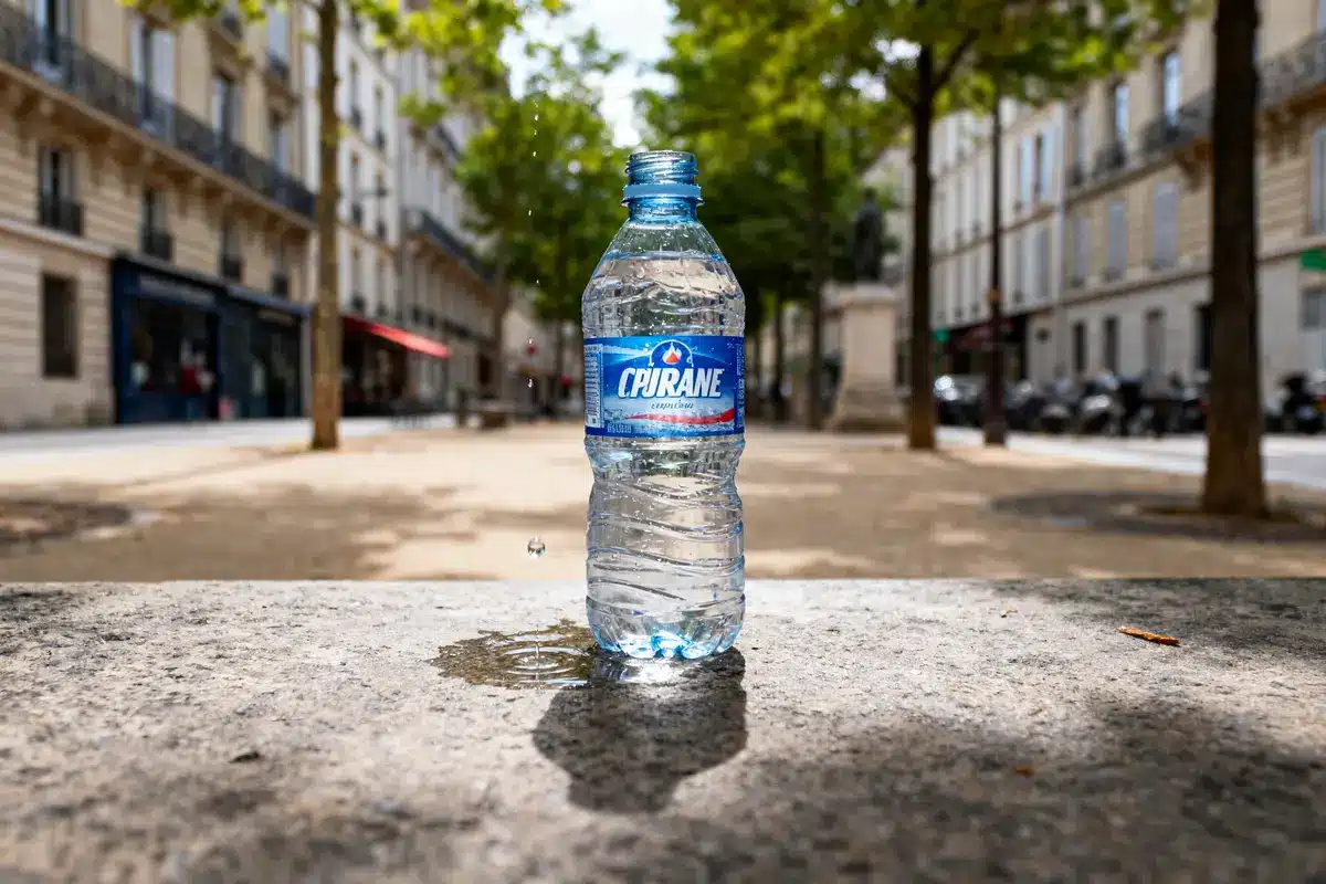 Bouteille d'eau minérale sur table en pierre dans une rue arborée, bâtiments flous en arrière-plan.