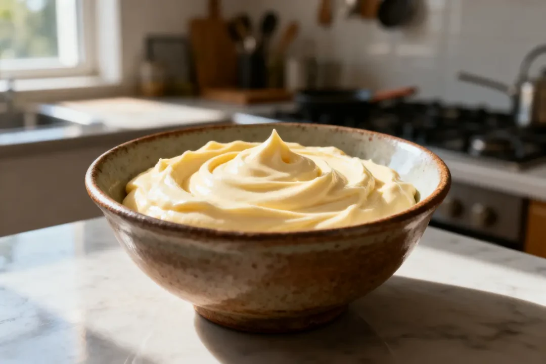 Bol de crème onctueuse dans une cuisine, éclairage naturel. Plan de travail en marbre.