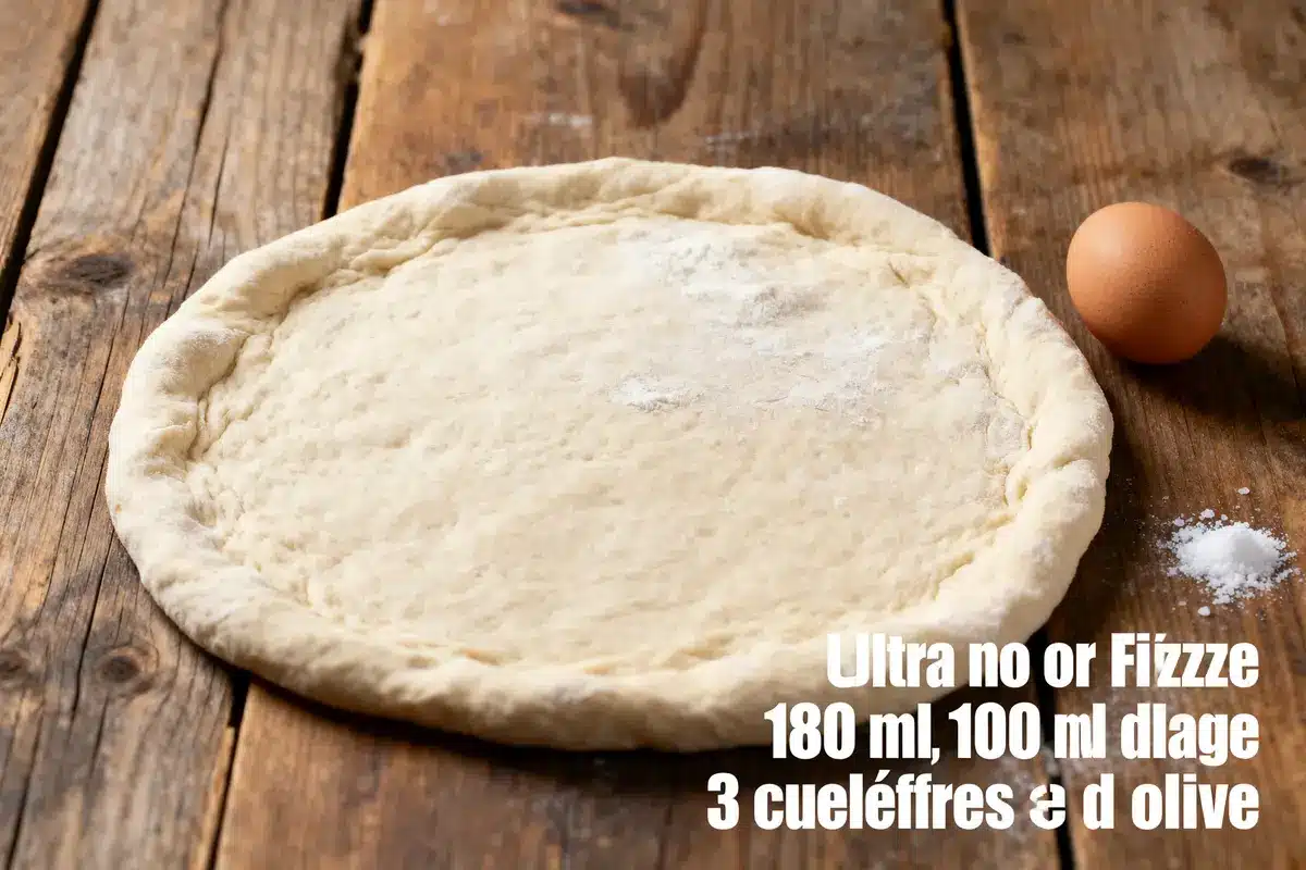 Pâte à pizza crue sur planche en bois avec œuf à côté. Texte blanc illisible.