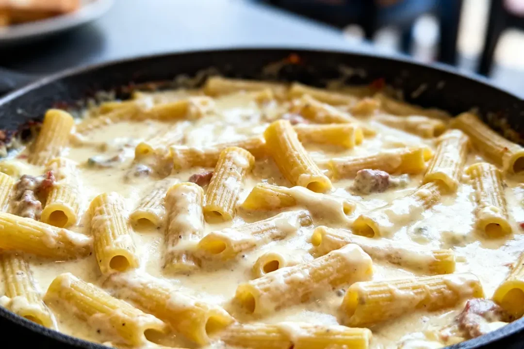 Plat de rigatoni crémeux avec des morceaux de viande, servis dans une sauce blanche onctueuse.