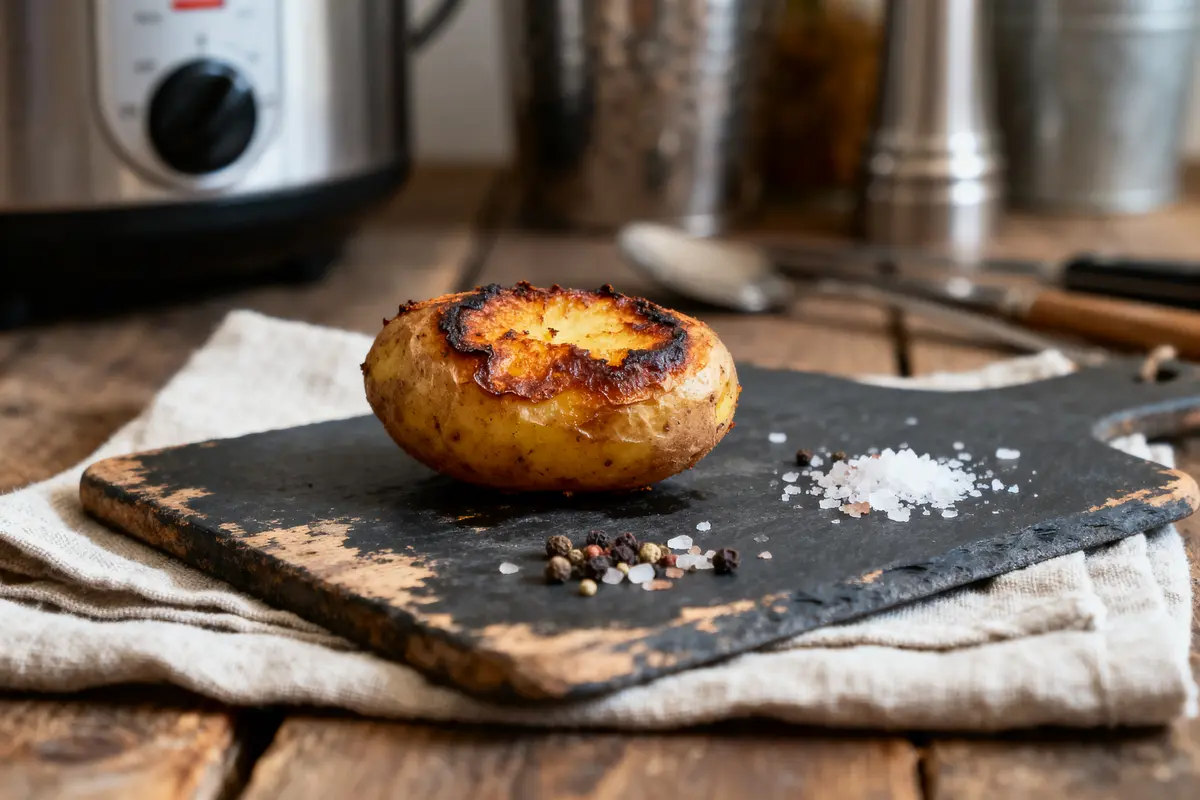 Pommes de terre rôties sur planche en ardoise, avec sel et poivre. Fond de cuisine rustique.