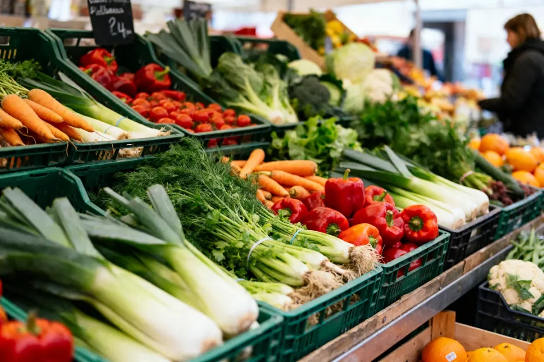 Marché de légumes frais avec carottes, poivrons, poireaux, et salades dans des cagettes en plastique.