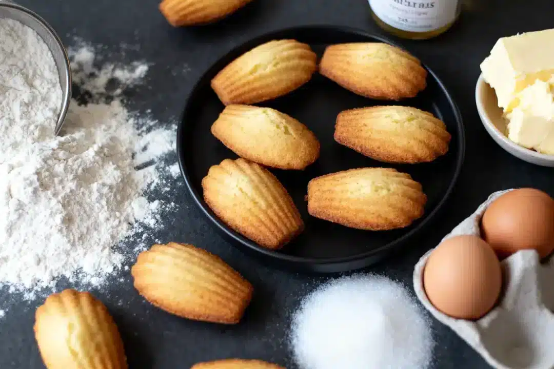Madeleines sur assiette noire, entourées de farine, œufs, sucre, beurre.