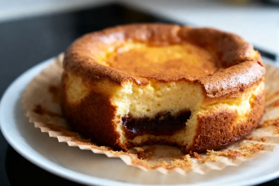 Gâteau japonnais au fromage avec cœur confiture, coupe partielle, sur papier cuisson et plat blanc.