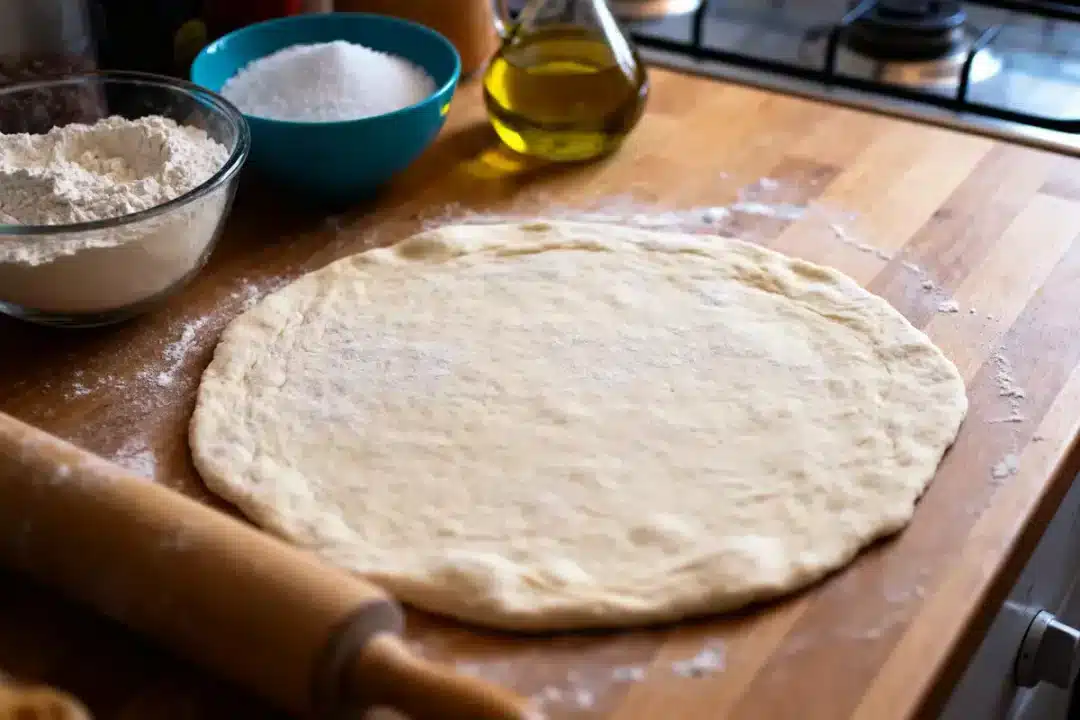 Pâte à pizza étalée sur plan de travail, entourée de farine, sel, huile d'olive et rouleau à pâtisserie.