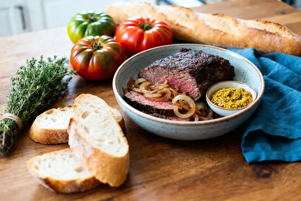 Assiette de viande avec oignons, moutarde, tomates colorées, baguette et herbes sur table en bois.