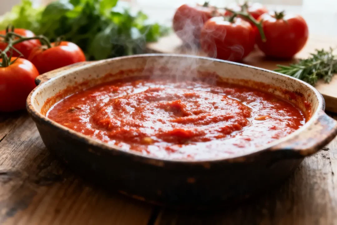Plat de sauce tomate fumante, entouré de tomates fraîches et herbes aromatiques.