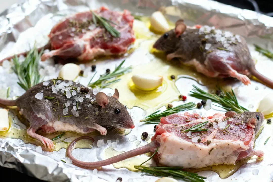 Petits rongeurs assaisonnés de gros sel et herbes, disposés sur un plateau de cuisson avec ail et romarin.