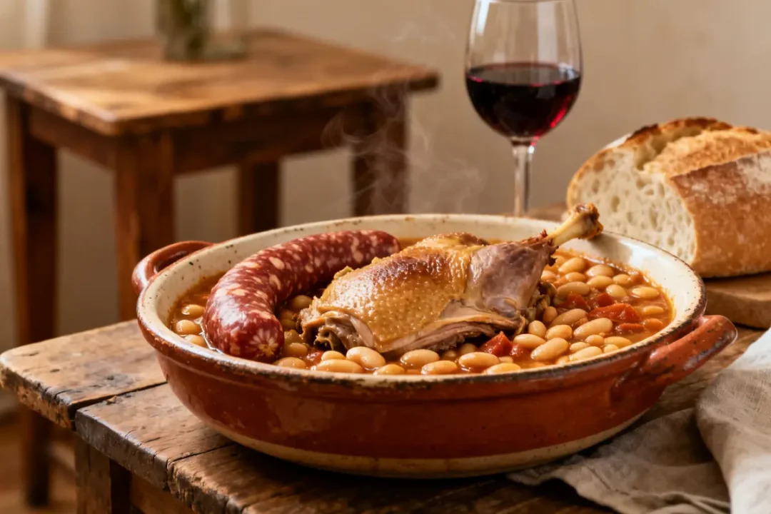 Plat de cassoulet traditionnel avec saucisse, canard, et vin rouge sur table rustique