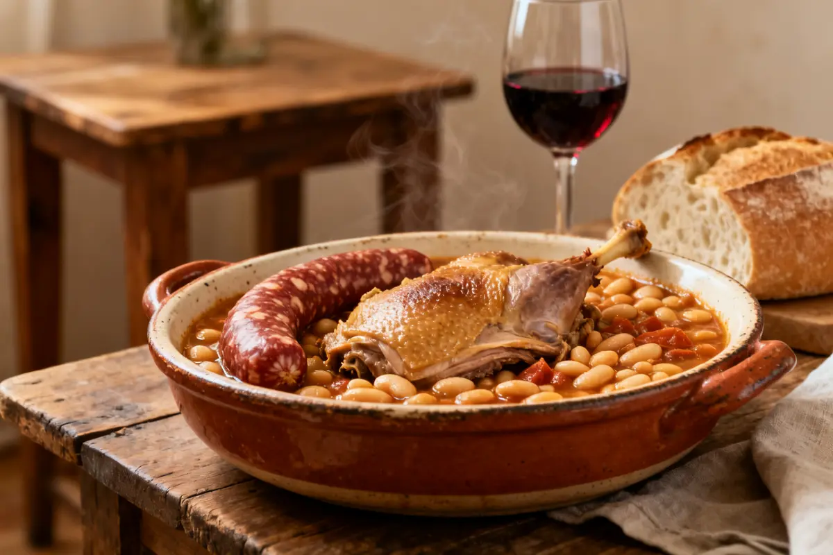 Plat de cassoulet traditionnel avec saucisse, canard, et vin rouge sur table rustique