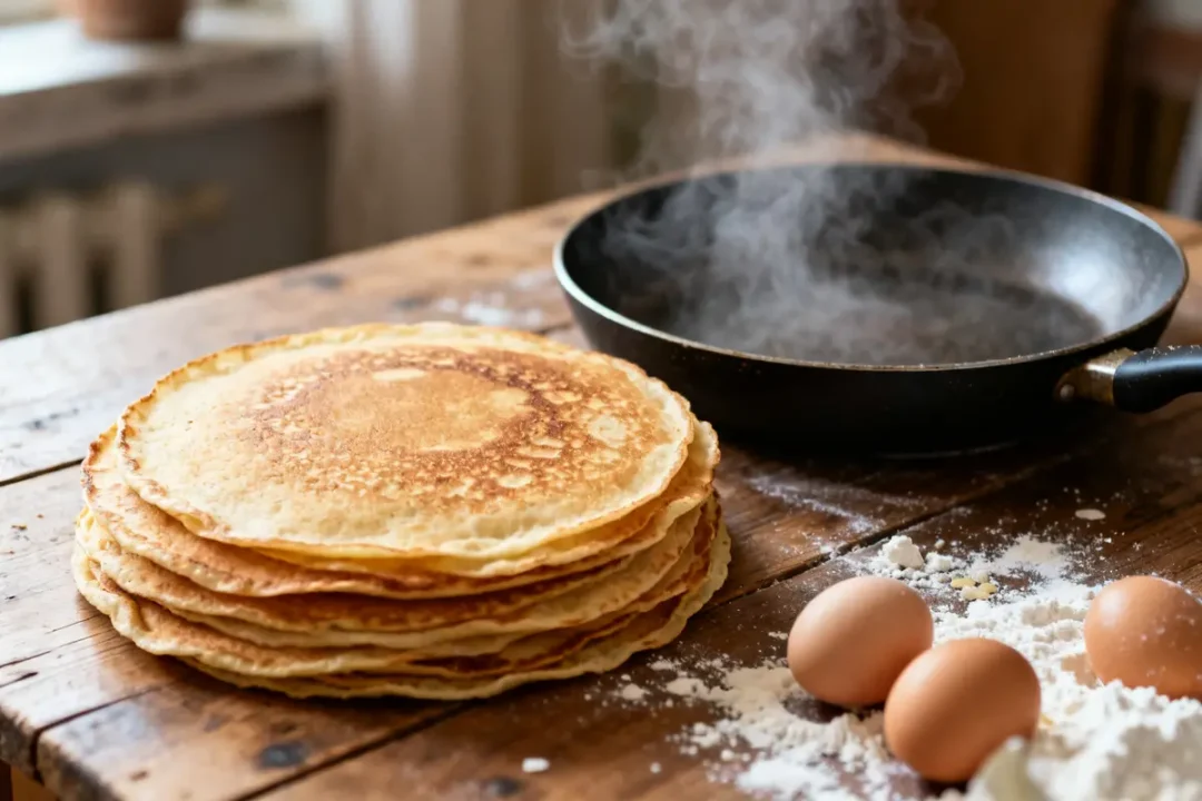Pile de crêpes pour la chandeleur avec poêle, œufs et farine sur table bois