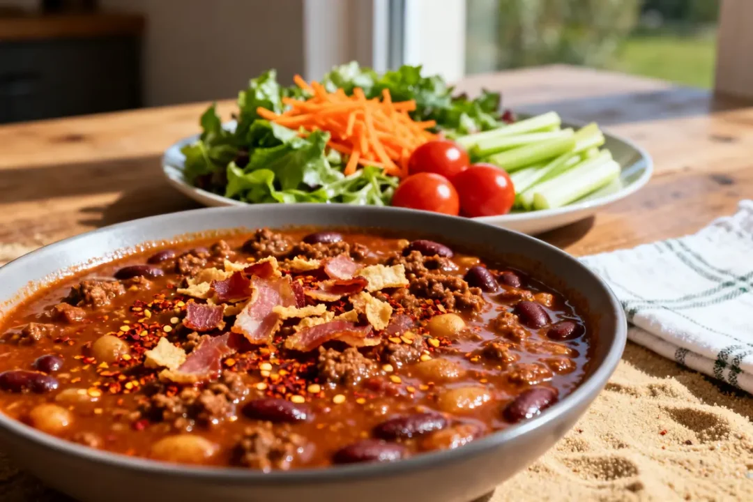 Plat de chili cone carne avec haricots, bacon et salade fraîche en arrière-plan