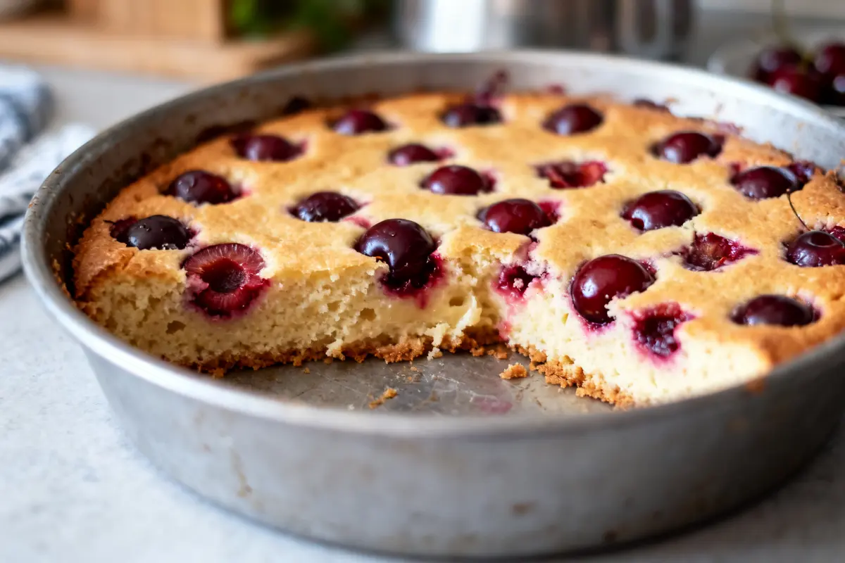 Clafoutis aux cerises dans un moule métallique avec une part manquante
