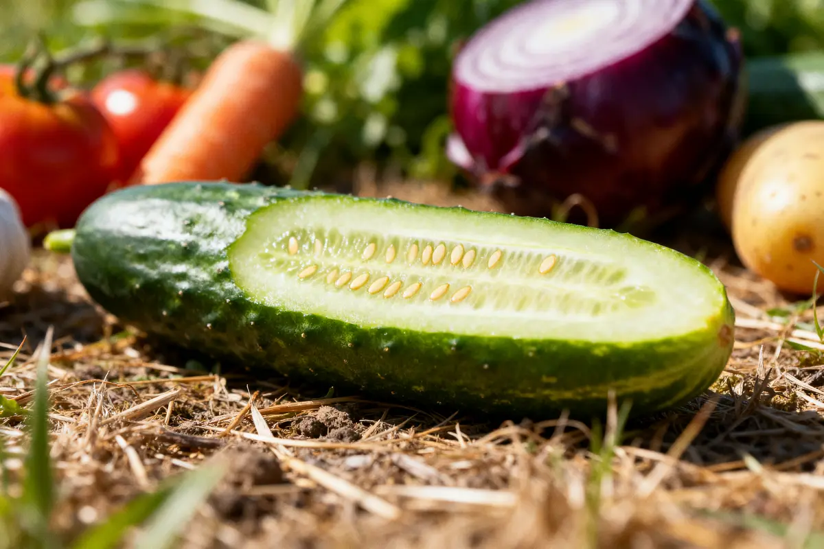 Concombre coupé avec légumes variés en arrière-plan, légume ou fruit en question sur terre