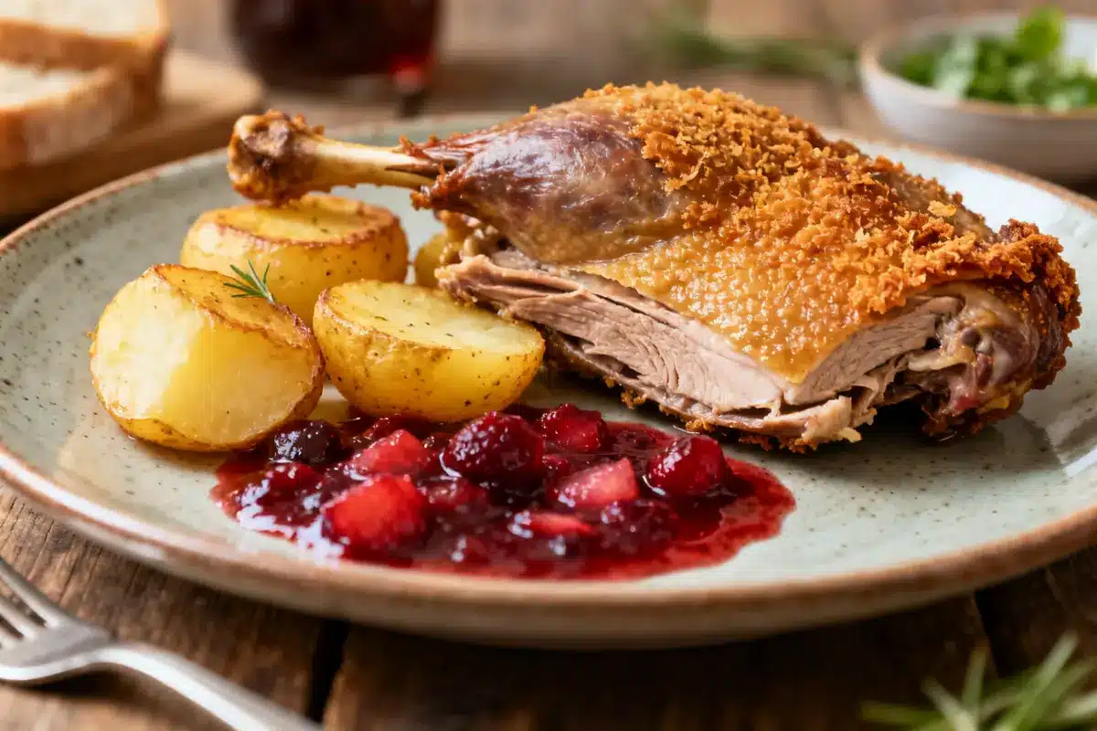Assiette de confit de canard avec pommes de terre et sauce aux fruits rouges