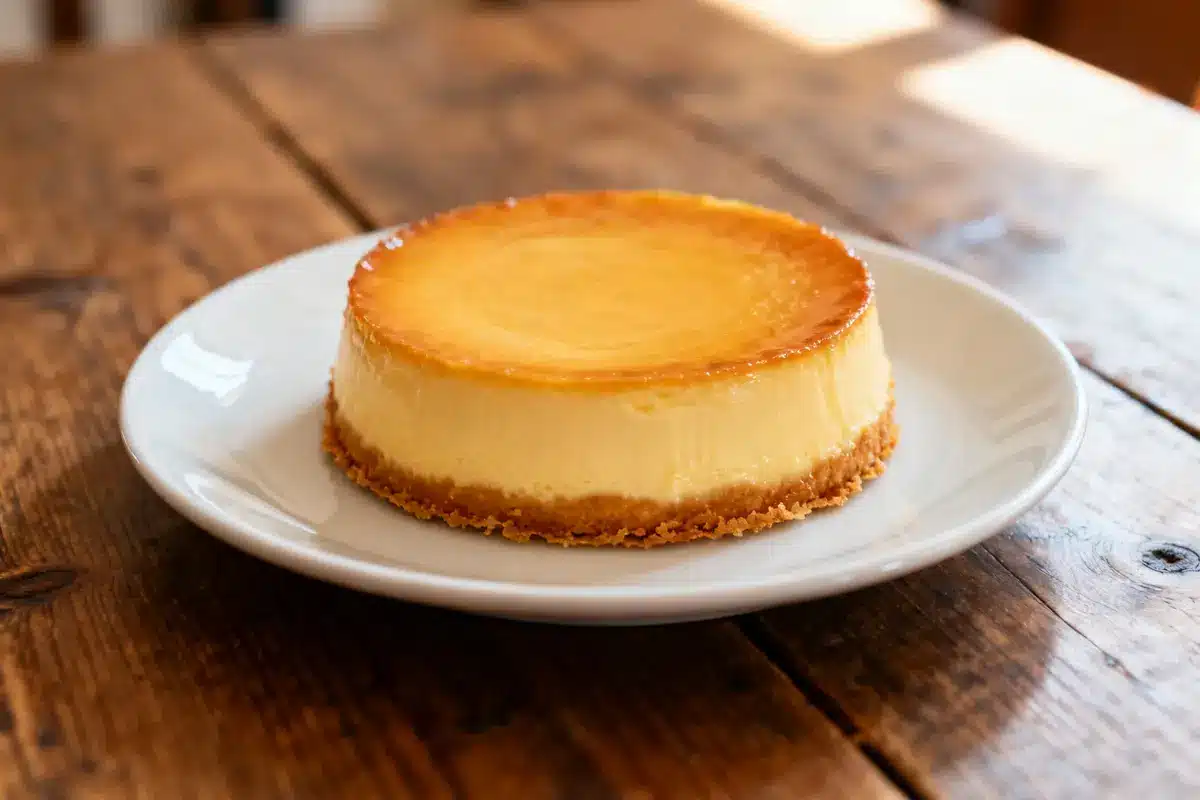 Flan crémeux sur assiette blanche dans une ambiance chaleureuse et rustique