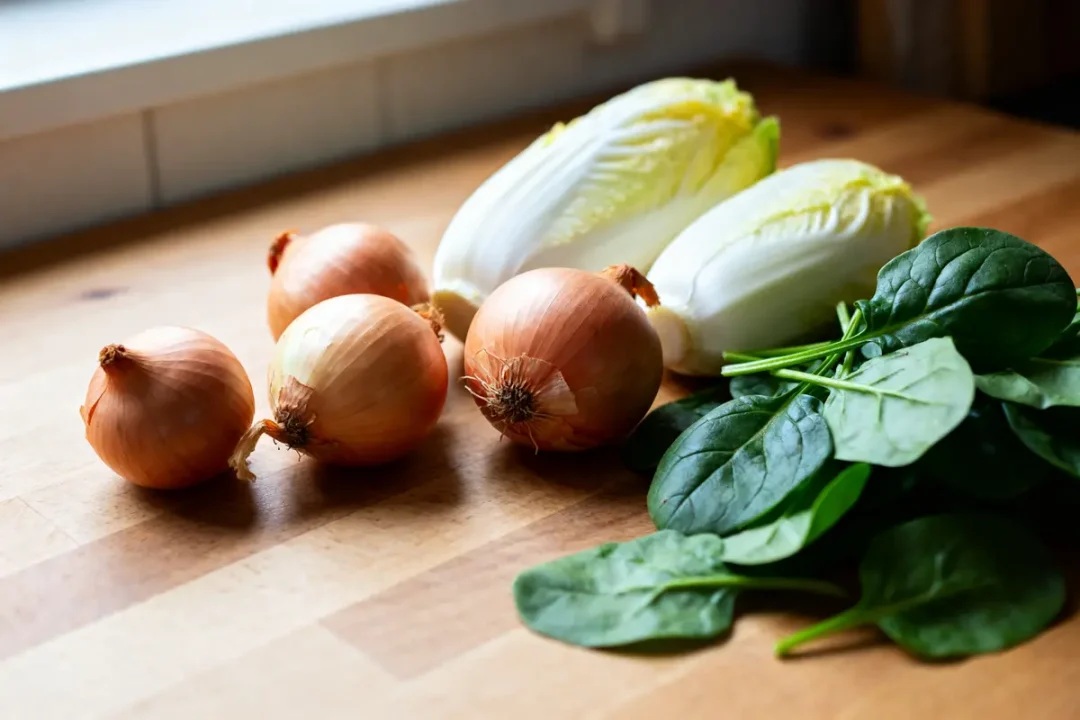 Oignons, endives et épinards frais sur une table en bois, légume en E.