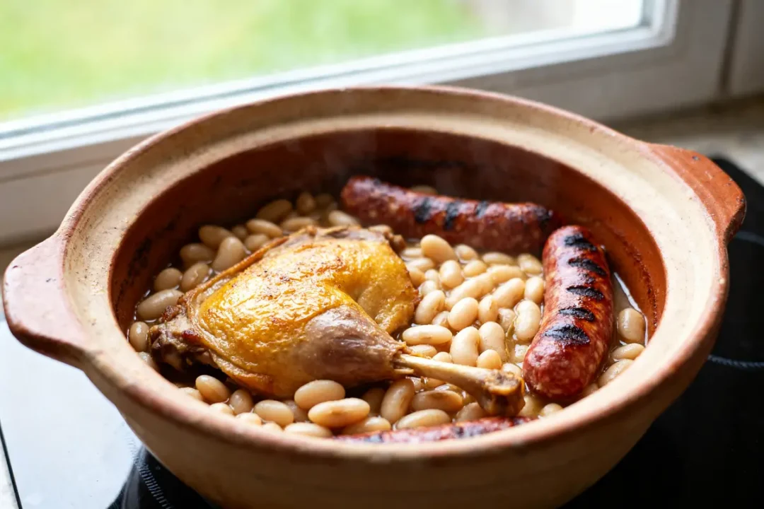 Plat de cassoulet traditionnel avec saucisses et canard pour recette grand-mère de cassoulet maison