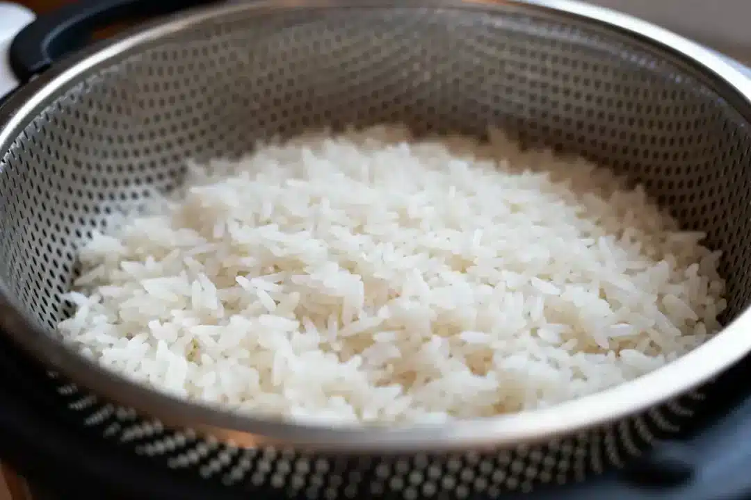 Riz cuit à la vapeur dans un panier avec riz au Thermomix éclatant et moelleux
