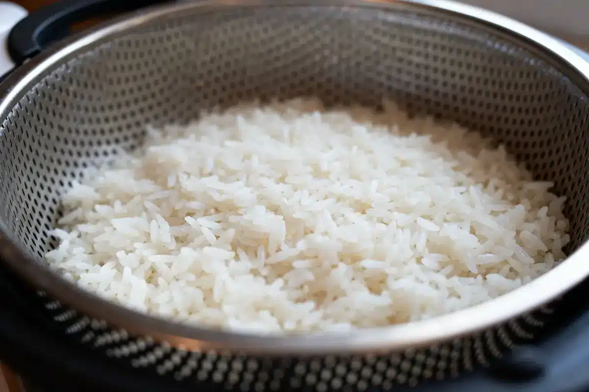 Riz cuit à la vapeur dans un panier avec riz au Thermomix éclatant et moelleux