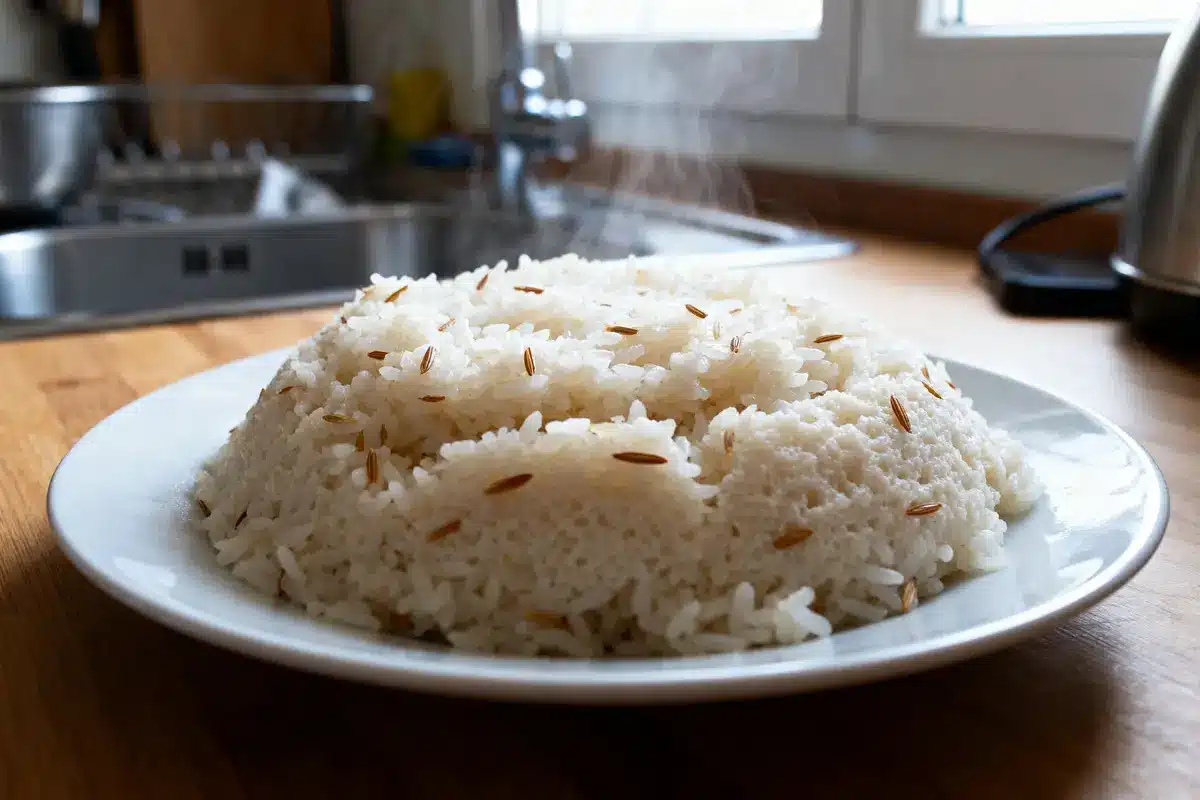 Assiette de riz au Thermomix fumant, parsemé de graines, sur un plan de travail.