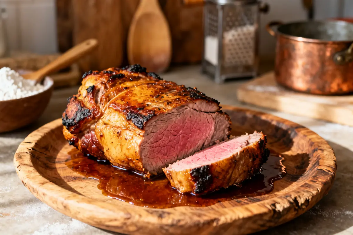Rosbeef juteux tranché sur assiette en bois dans une cuisine rustique éclairée par le soleil