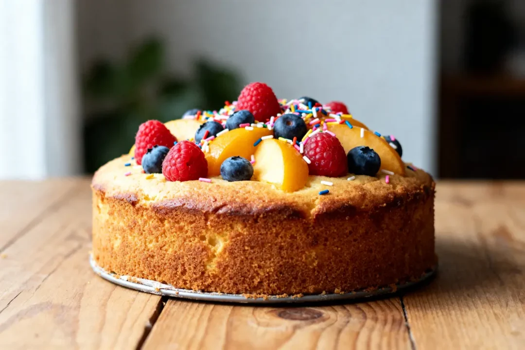 Molly cake garnie de fruits et vermicelles colorés sur une table en bois rustique