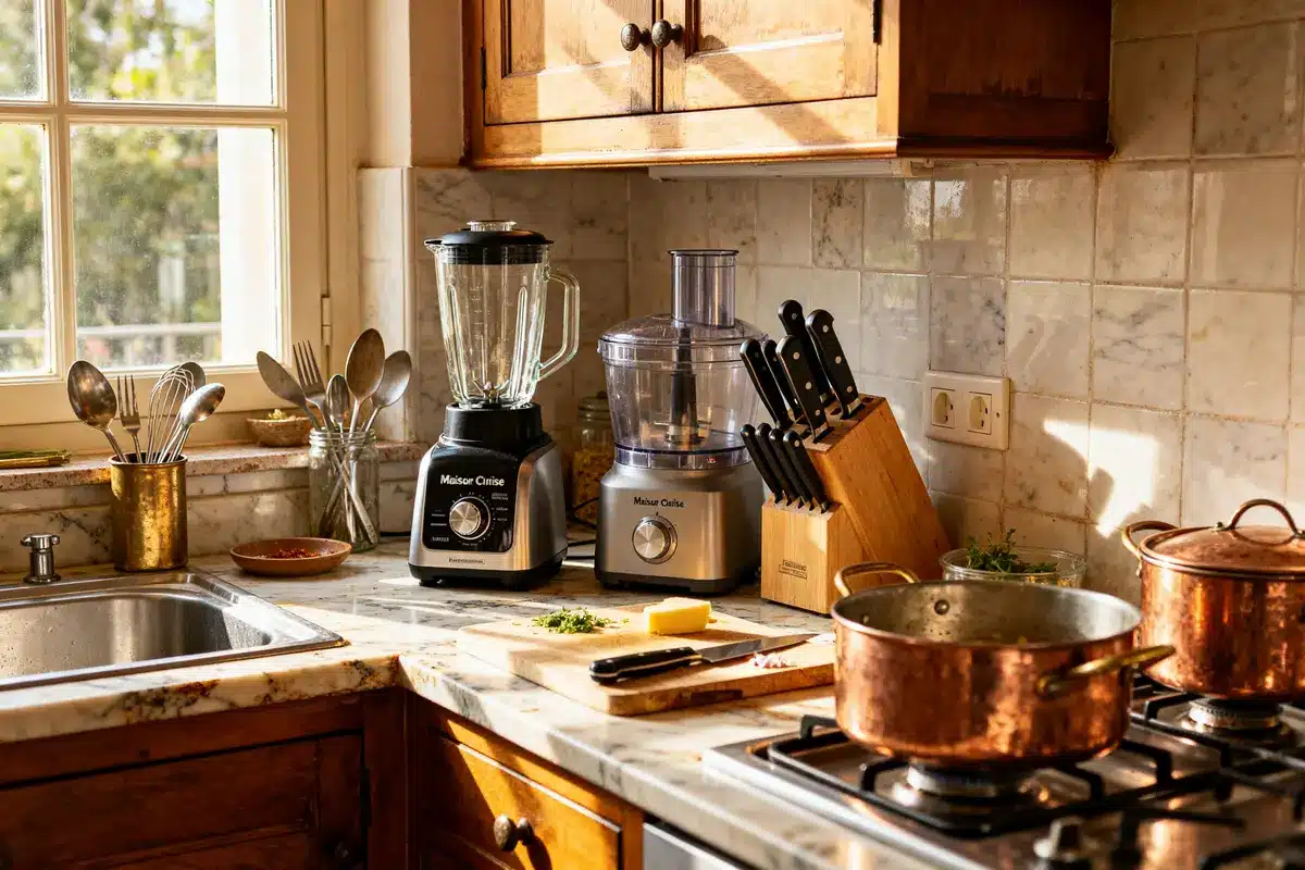 Cuisine ensoleillée avec accessoires Monsieur Cuisine et ustensiles sur plan de travail en marbre