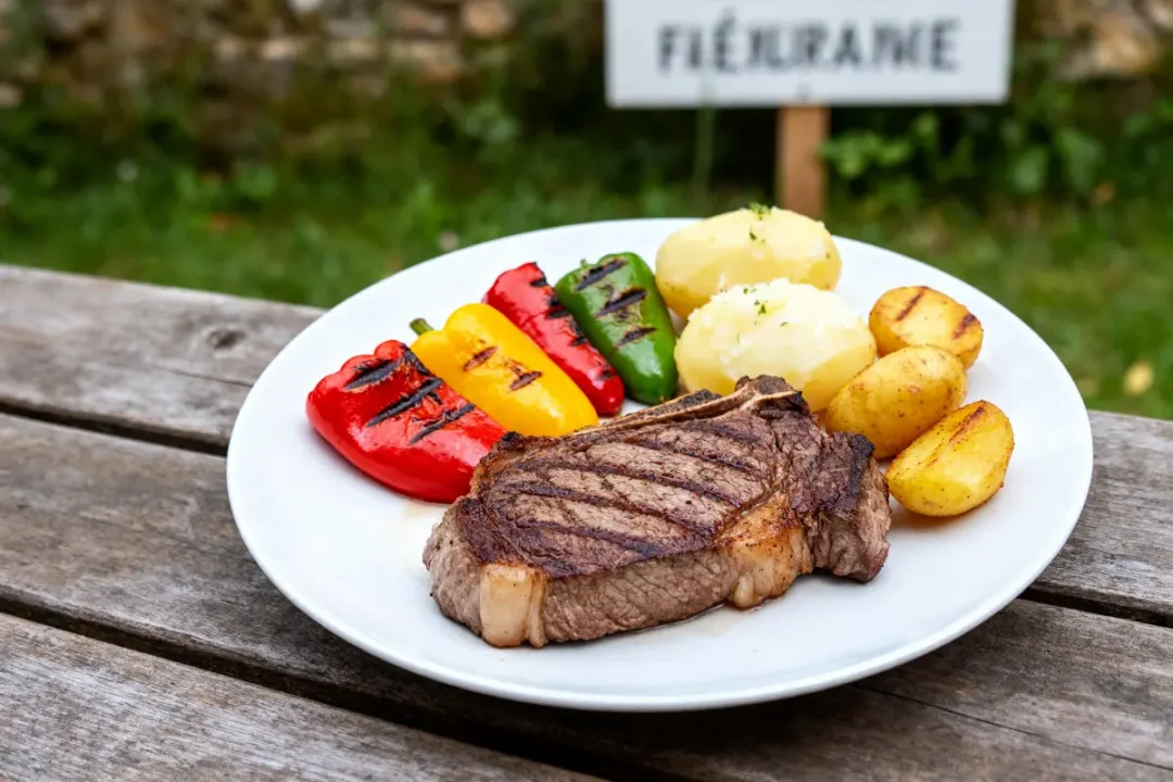 Assiette avec steak, légumes grillés, pommes de terre parfait accompagnement pour pierrade en extérieur