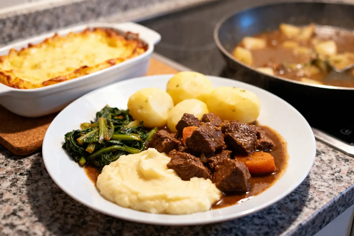 Assiette de boeuf bourguignon avec purée, épinards, pommes de terre, gratin comme accompagnements pour boeuf bourguignon
