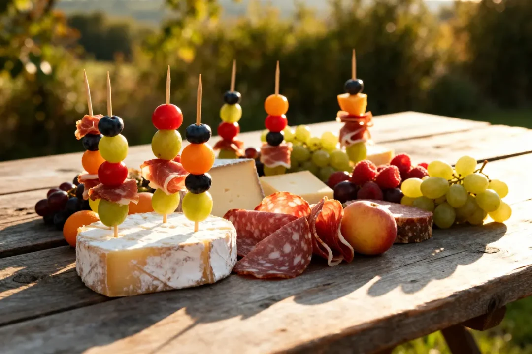 Apéro brochette colorée composée de fruits, charcuterie et fromage sur plateau en bois extérieur