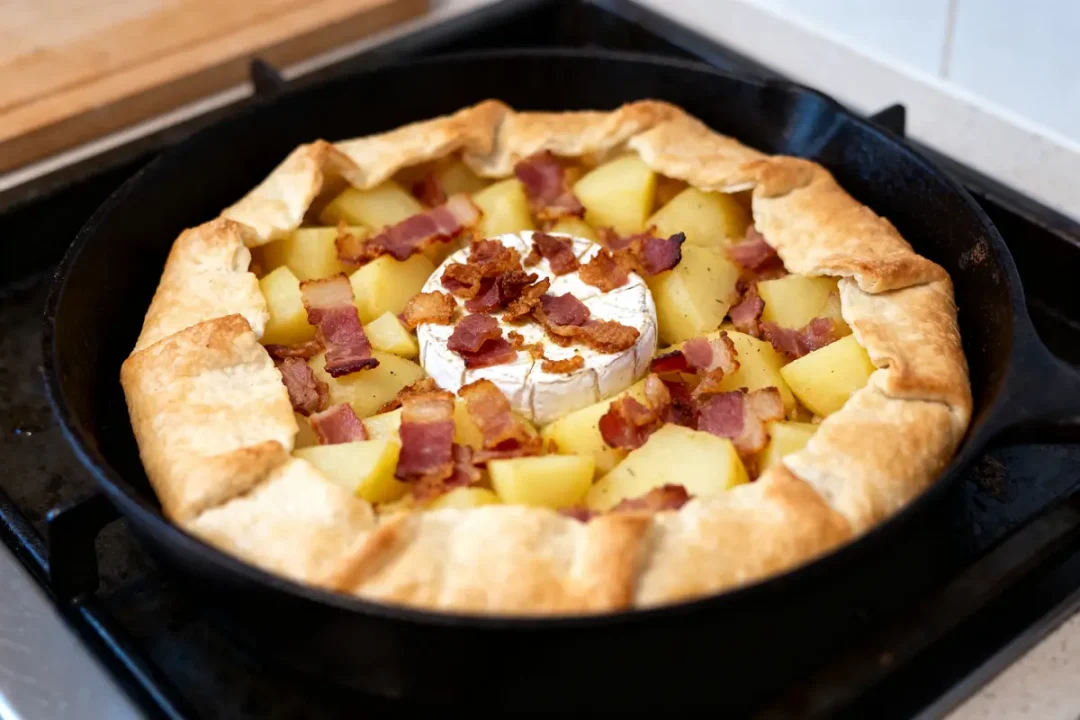 Camembert feuilleté avec pommes de terre et bacon dans une poêle en fonte