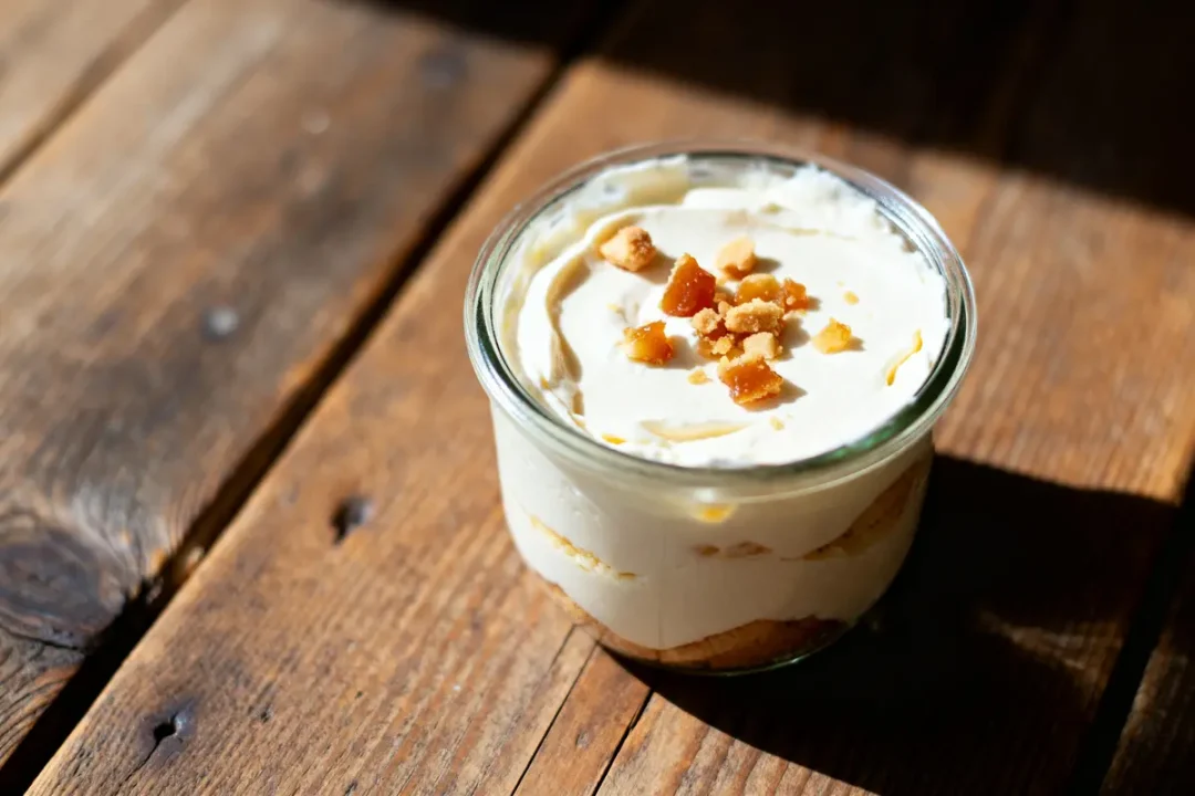Dessert gourmand en verrine avec crème Mont-Blanc et morceaux de biscuits sur table bois