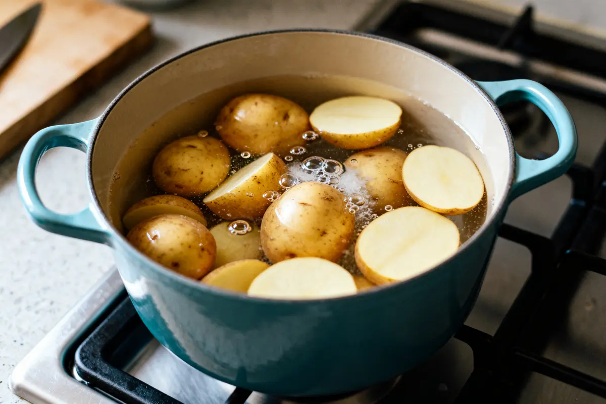 Cocotte en fonte sur une gazinière pour cuire la pomme de terre à l'eau bouillante