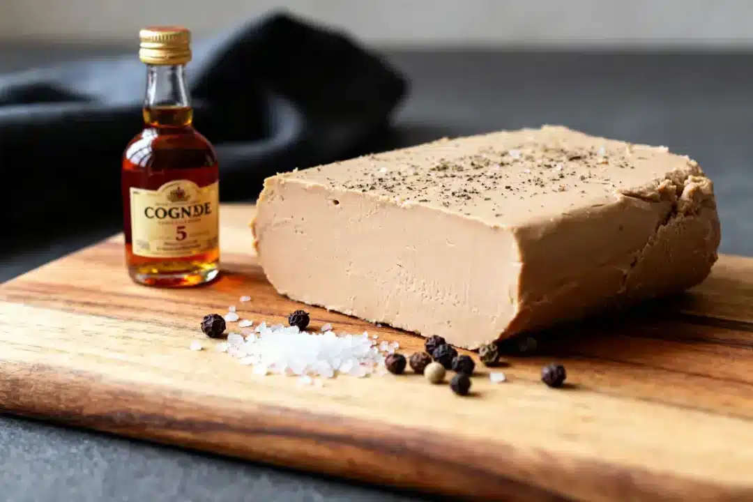 Bloc de foie gras maison sur planche avec poivre, sel et bouteille de cognac
