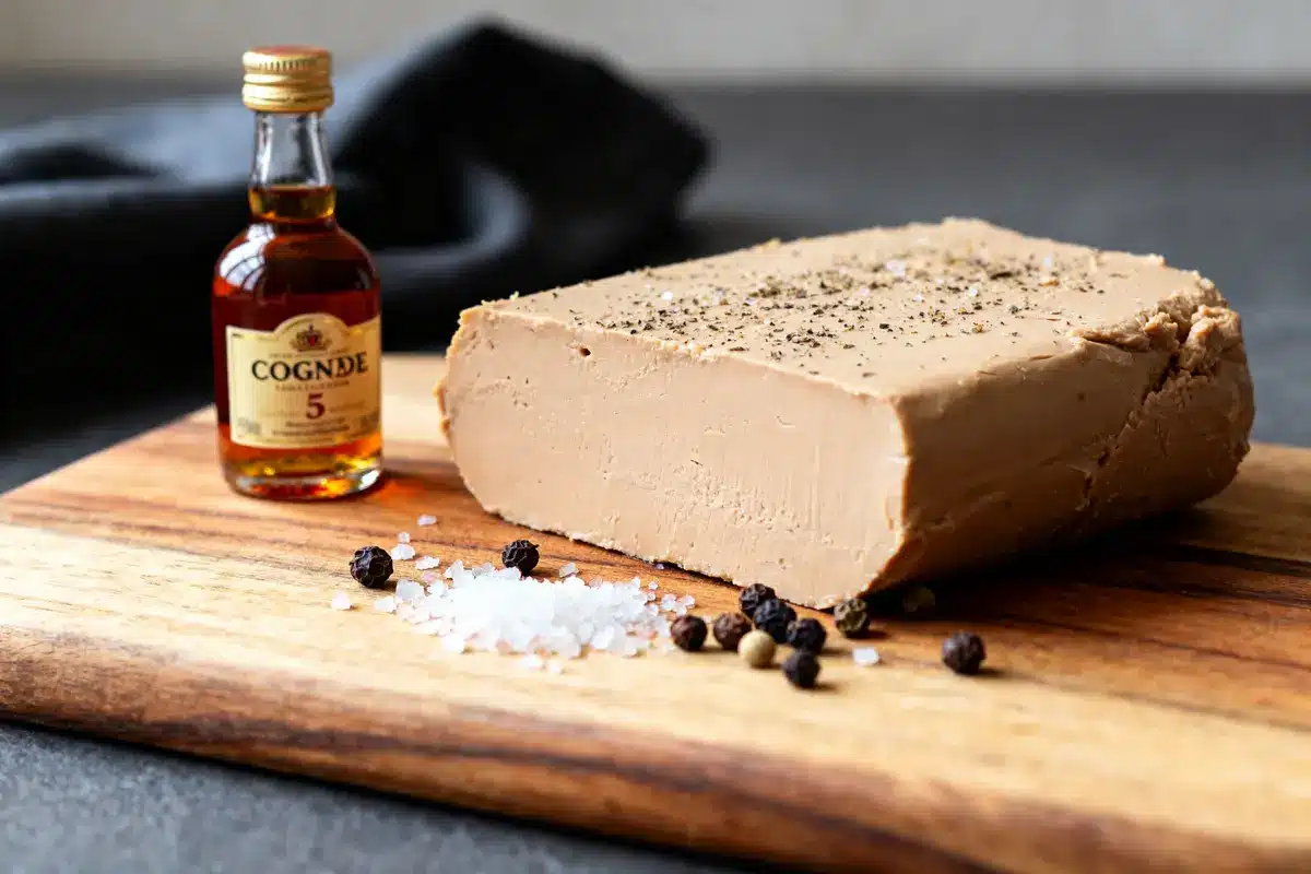 Bloc de foie gras maison sur planche avec poivre, sel et bouteille de cognac