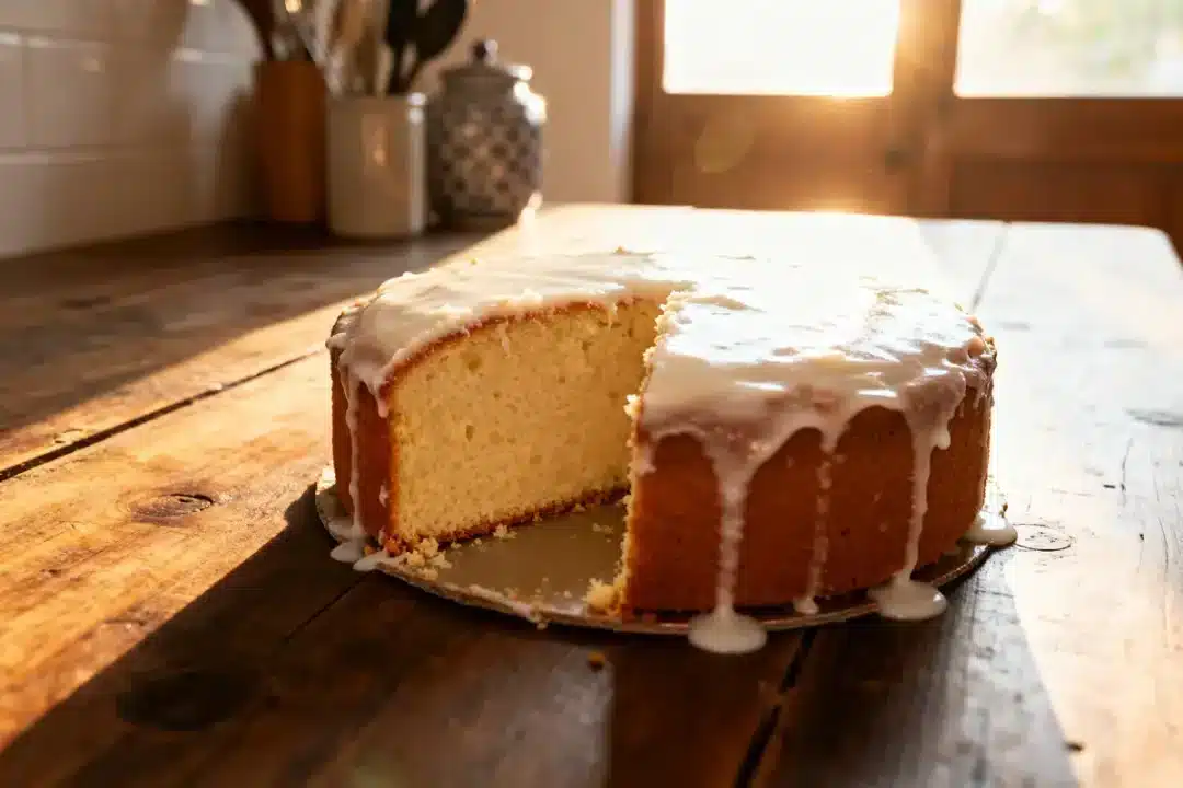 Gâteau au lait de coco avec glaçage sur table en bois éclairée par le soleil