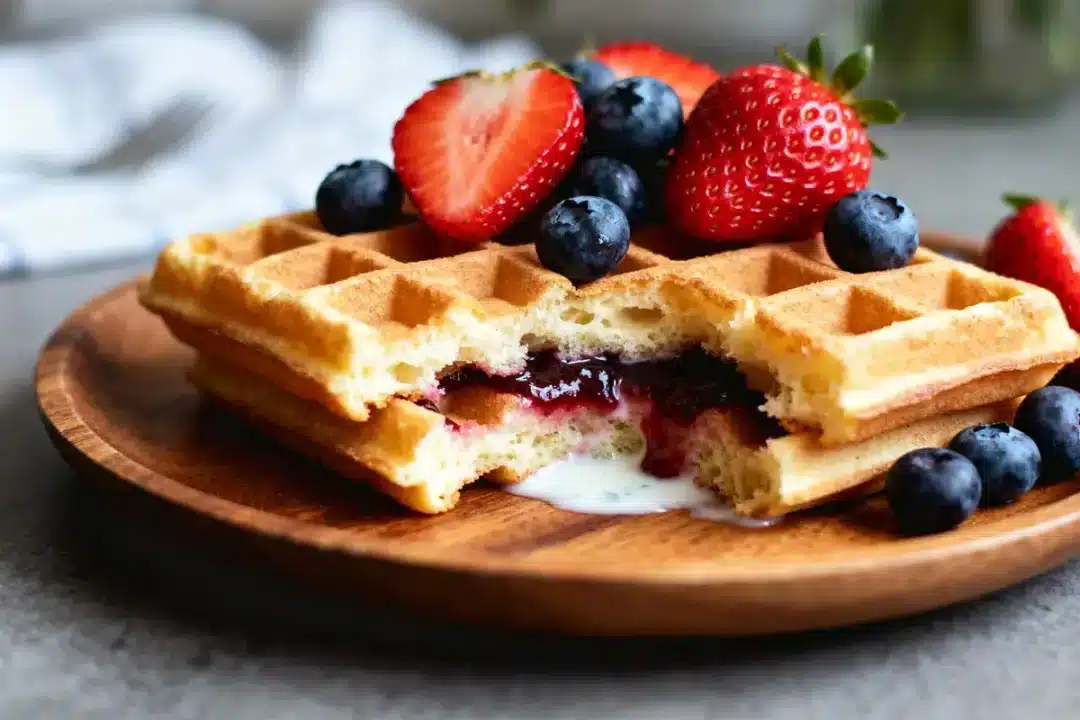 Gaufres sans sucre garnies de fraises, myrtilles et coulis sur assiette en bois